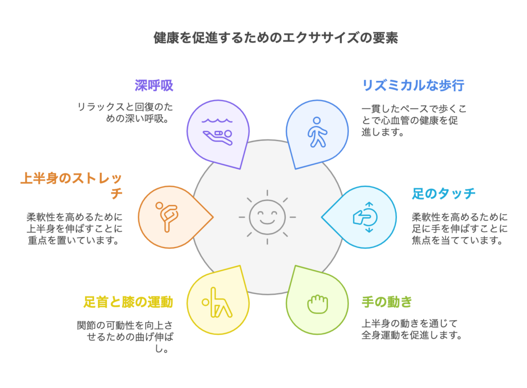 健康を促進するためのエクササイズ要素を示すイラスト。深呼吸、リズミカルな歩行、足のタッチ、手の動きなどのポイントが円形に配置されている。