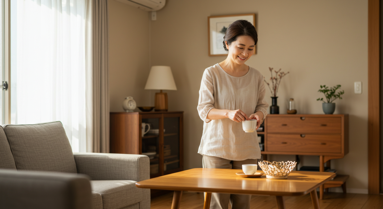 朝の光を浴びながら水を飲む女性が、健康的な朝の習慣を実践しているイメージ