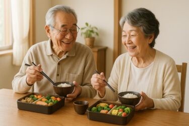 ベネッセのおうちごはんを楽しむ高齢者夫婦の食事風景｜宅配弁当で笑顔の食卓
