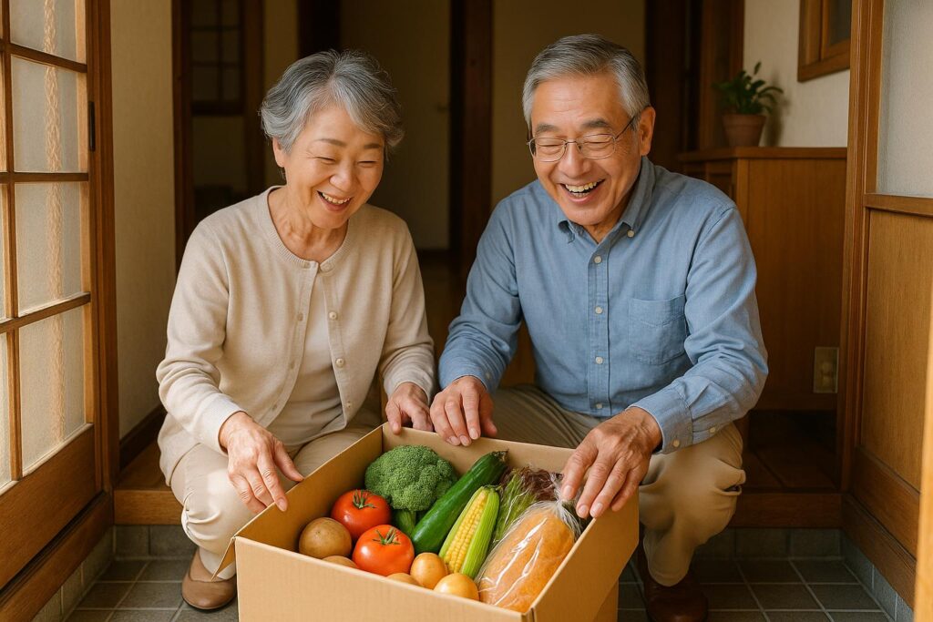 パルシステムの宅配サービスで新鮮な野菜が届き、玄関先で配達ボックスを開けて喜ぶ60代のシニア夫婦。トマト、ブロッコリー、きゅうり、とうもろこしなどの新鮮な食材が入っている。