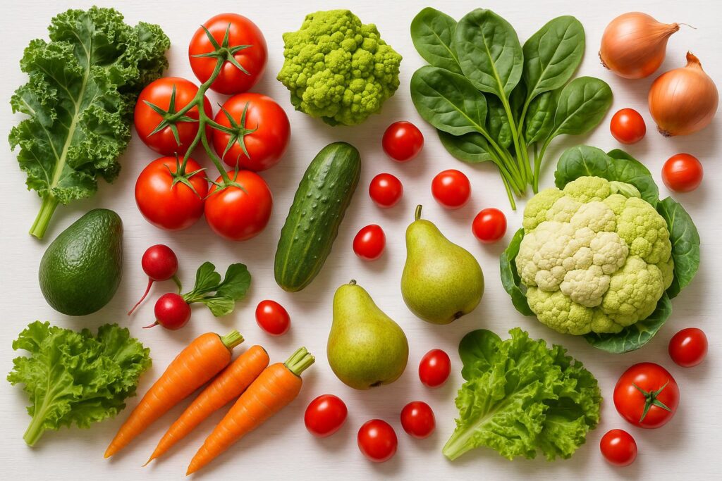パルシステムで届く新鮮なオーガニック野菜の詰め合わせ。ケール、トマト、カリフラワー、ほうれん草、きゅうり、にんじん、アボカド、洋梨などが白い木製テーブルに美しく配置されている。産地直送の安全で新鮮な食材。