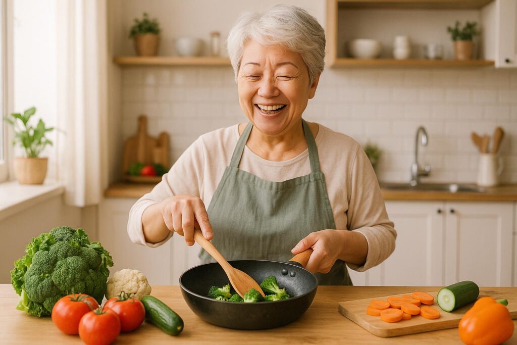 パルシステムの新鮮な野菜を使って料理を楽しむ60代のシニア女性。明るいキッチンでブロッコリーを炒めながら笑顔で調理している様子。カウンターにはトマト、カリフラワー、きゅうり、にんじんなどの新鮮な食材が並んでいる。