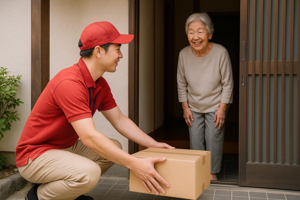パルシステムの配達員が玄関先に配達ボックスを置き、シニア女性が笑顔で受け取る様子。赤い制服を着た配達員が丁寧にボックスを玄関に置いている。非接触で安心・安全な宅配サービス。