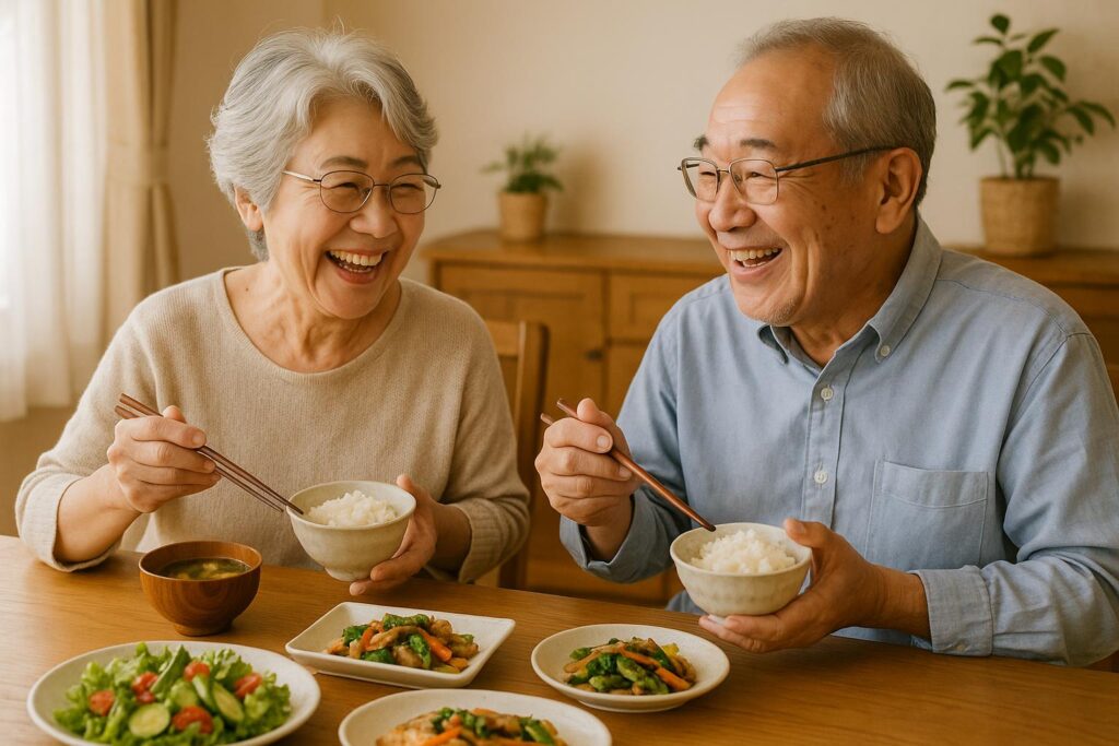 パルシステムの新鮮な食材を使った健康的な食事を楽しむ60代のシニア夫婦。ダイニングテーブルでご飯と味噌汁、野菜の炒め物、サラダなどの和食を箸で食べながら笑顔で会話している様子。温かく幸せな食卓の風景。